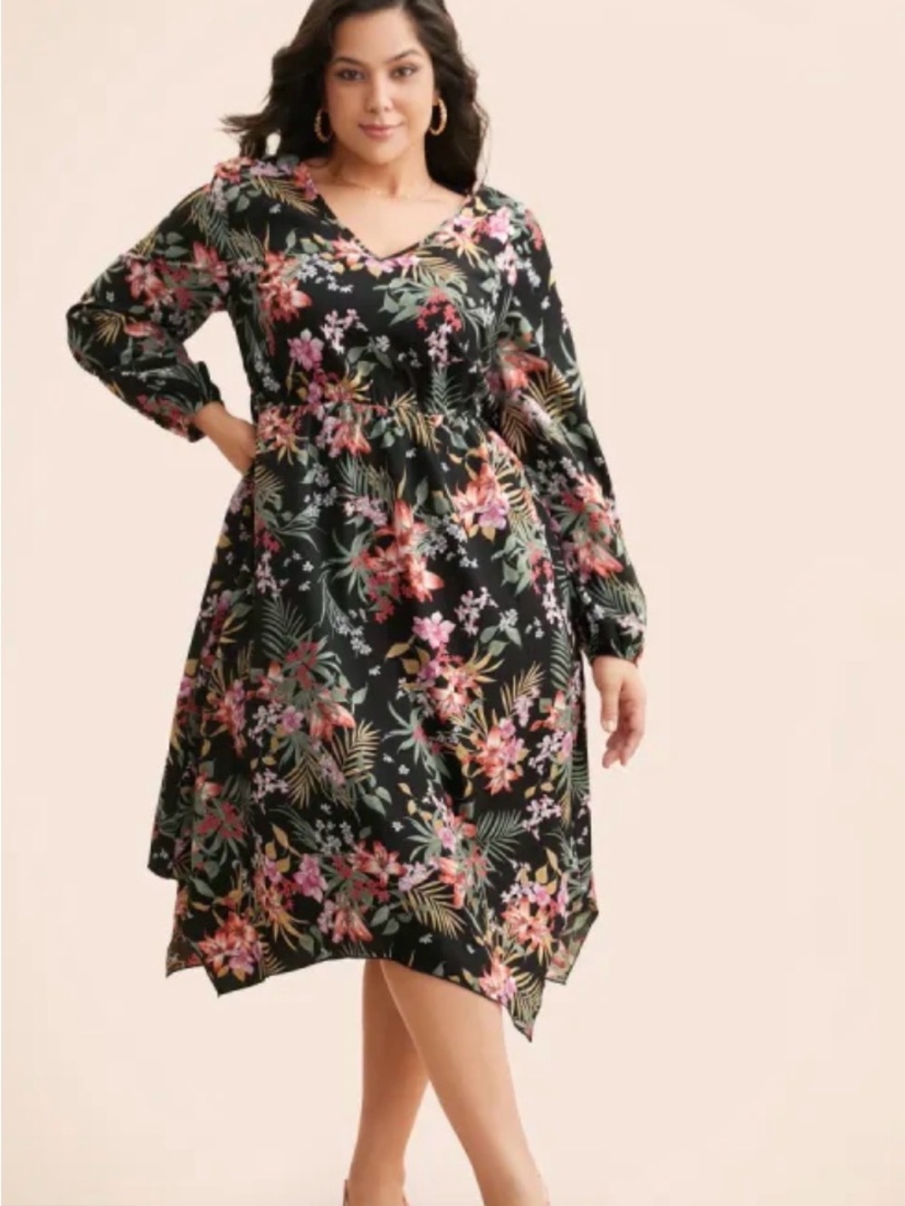 BloomChic Black Floral V-Neck Long Sleeve Dress